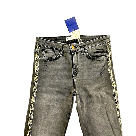 Nwt Zara mid rise skinny Jeans charcoal gray python print stripe tuxedo size 4 - Picture 4 of 7